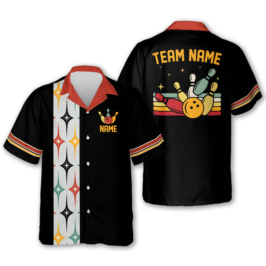 Custom Retro Bowling Hawaiian Shirts For Men, Custom Retro Black Bowling Team Shirts BE0014