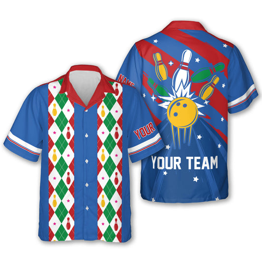 Custom Retro Bowling Hawaiian Shirts For Men, Custom Retro Blue Bowling Team Shirts BE0015