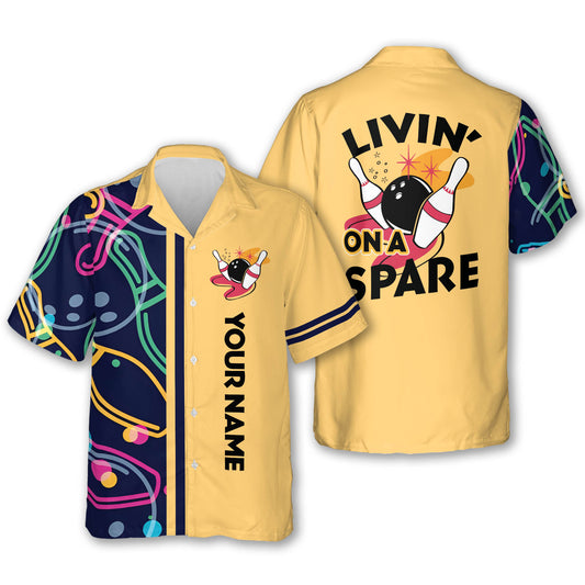 Custom Livin' On A Spare Bowling Hawaiian Shirt For Men, Custom Funny Yellow Bowling Shirt BE0019