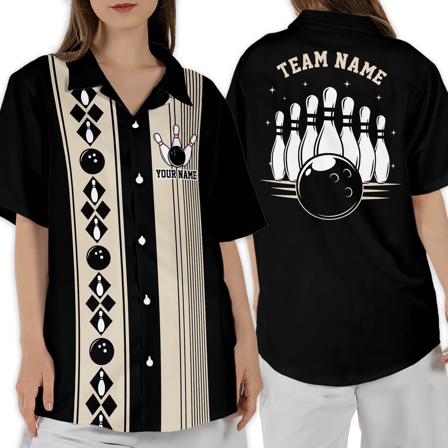 Custom Vintage Black Bowling Hawaiian Shirt For Men, Custom Team Bowling Shirt Vintage BE0020