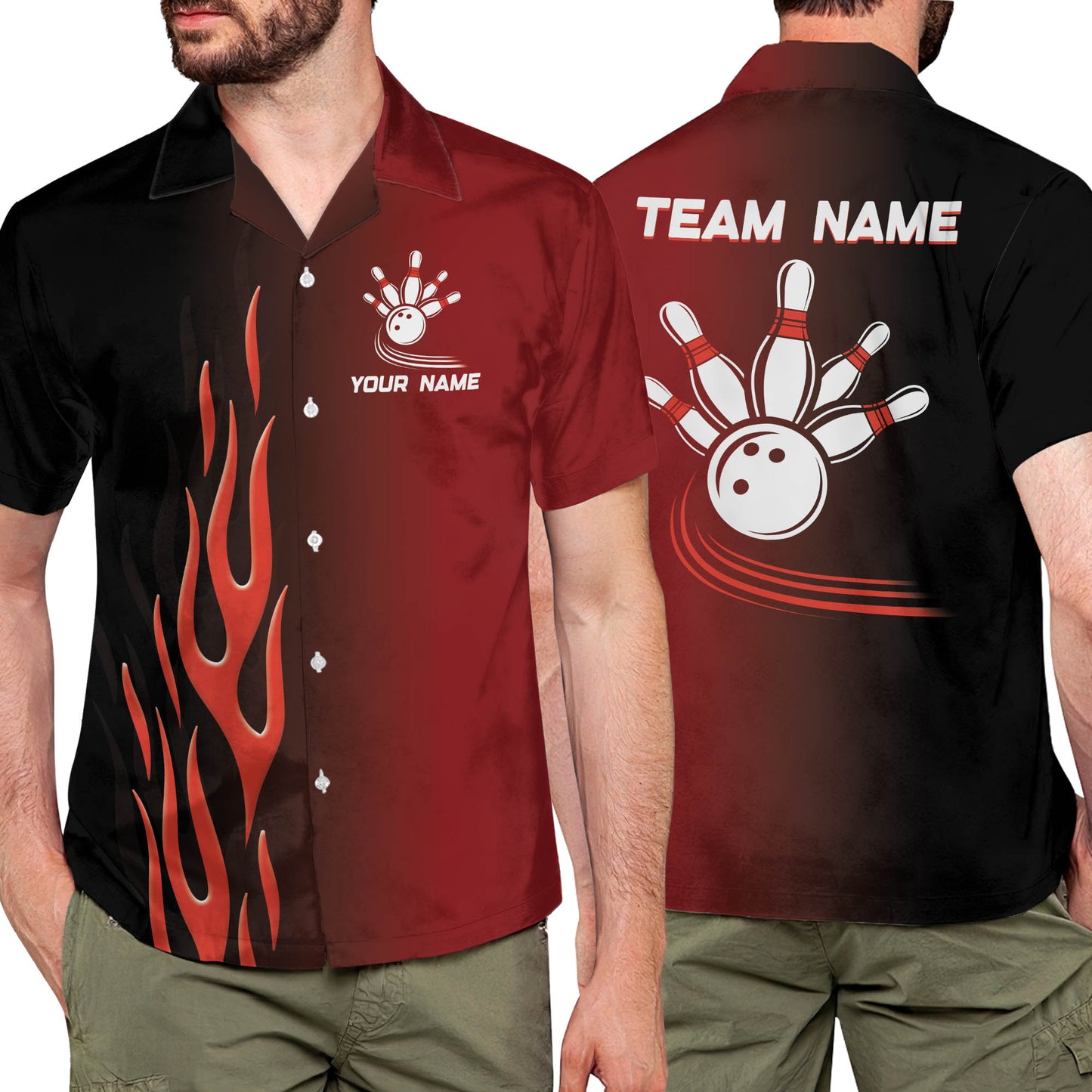 Custom Red Flame Bowling Hawaiian Shirt For Men, Custom Flame Bowling Team Shirts BE0028