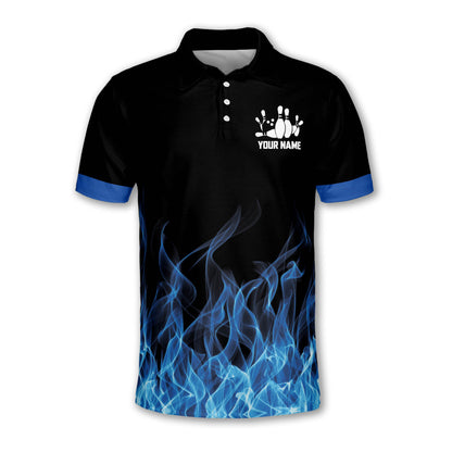 Custom Blue Flame Bowling Polo Shirt For Men, Custom Flame Bowling Team Shirts  BE0031