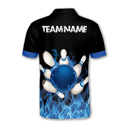 Custom Blue Flame Bowling Polo Shirt For Men, Custom Flame Bowling Team Shirts  BE0031