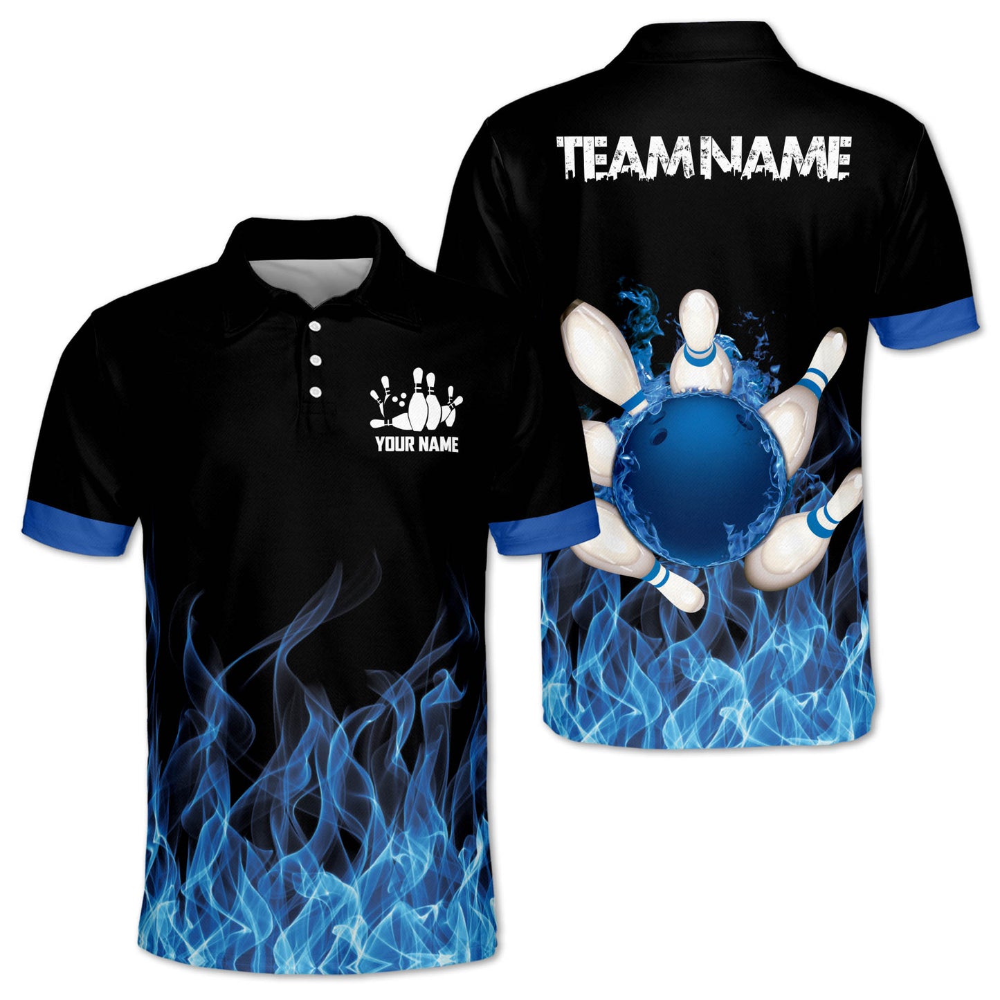 Custom Blue Flame Bowling Polo Shirt For Men, Custom Flame Bowling Team Shirts  BE0031