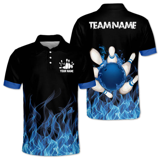 Custom Blue Flame Bowling Polo Shirt For Men, Custom Flame Bowling Team Shirts  BE0031