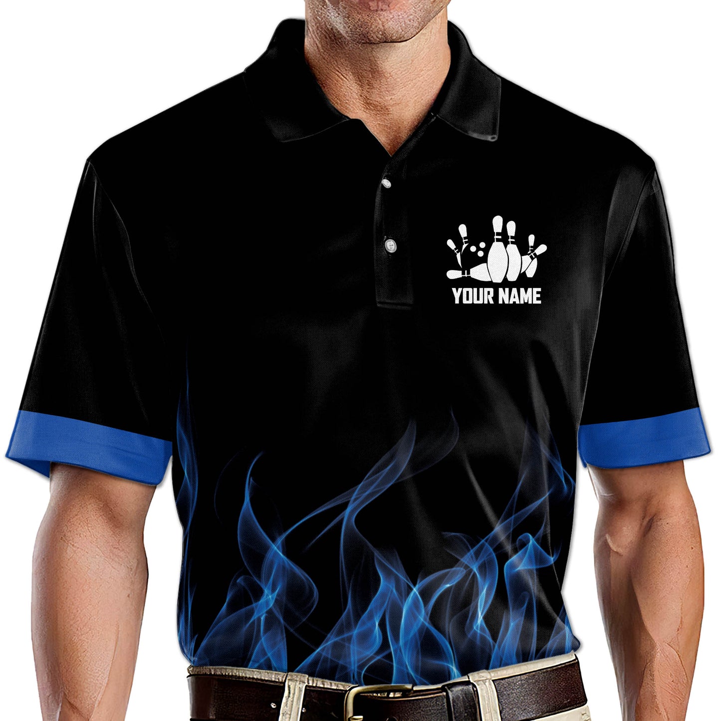 Custom Blue Flame Bowling Polo Shirt For Men, Custom Flame Bowling Team Shirts  BE0031