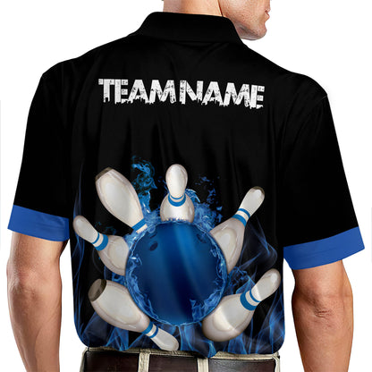 Custom Blue Flame Bowling Polo Shirt For Men, Custom Flame Bowling Team Shirts  BE0031