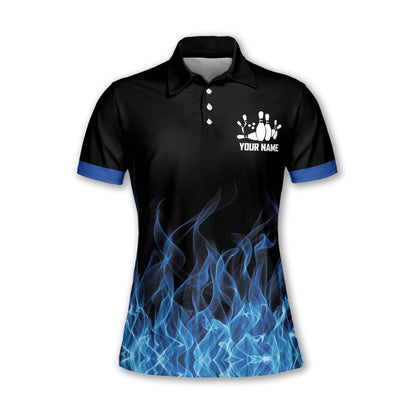 Custom Blue Flame Bowling Polo Shirt For Women, Custom Women's Flame Bowling Team Shirts BW0153