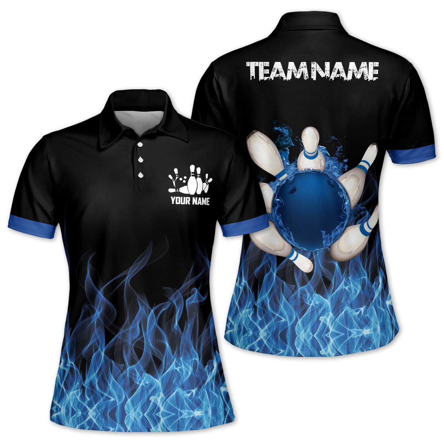 Custom Blue Flame Bowling Polo Shirt For Women, Custom Women's Flame Bowling Team Shirts BW0153