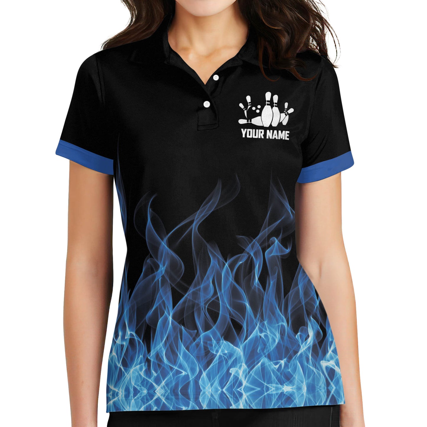 Custom Blue Flame Bowling Polo Shirt For Women, Custom Women's Flame Bowling Team Shirts BW0153