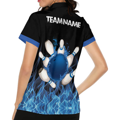 Custom Blue Flame Bowling Polo Shirt For Women, Custom Women's Flame Bowling Team Shirts BW0153