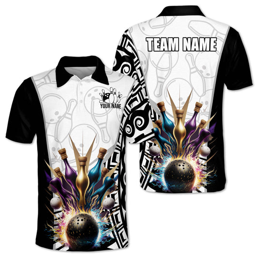 Custom Black And White Team Bowling Polo Shirt For Men, Custom Bowling Team Shirts BE0039