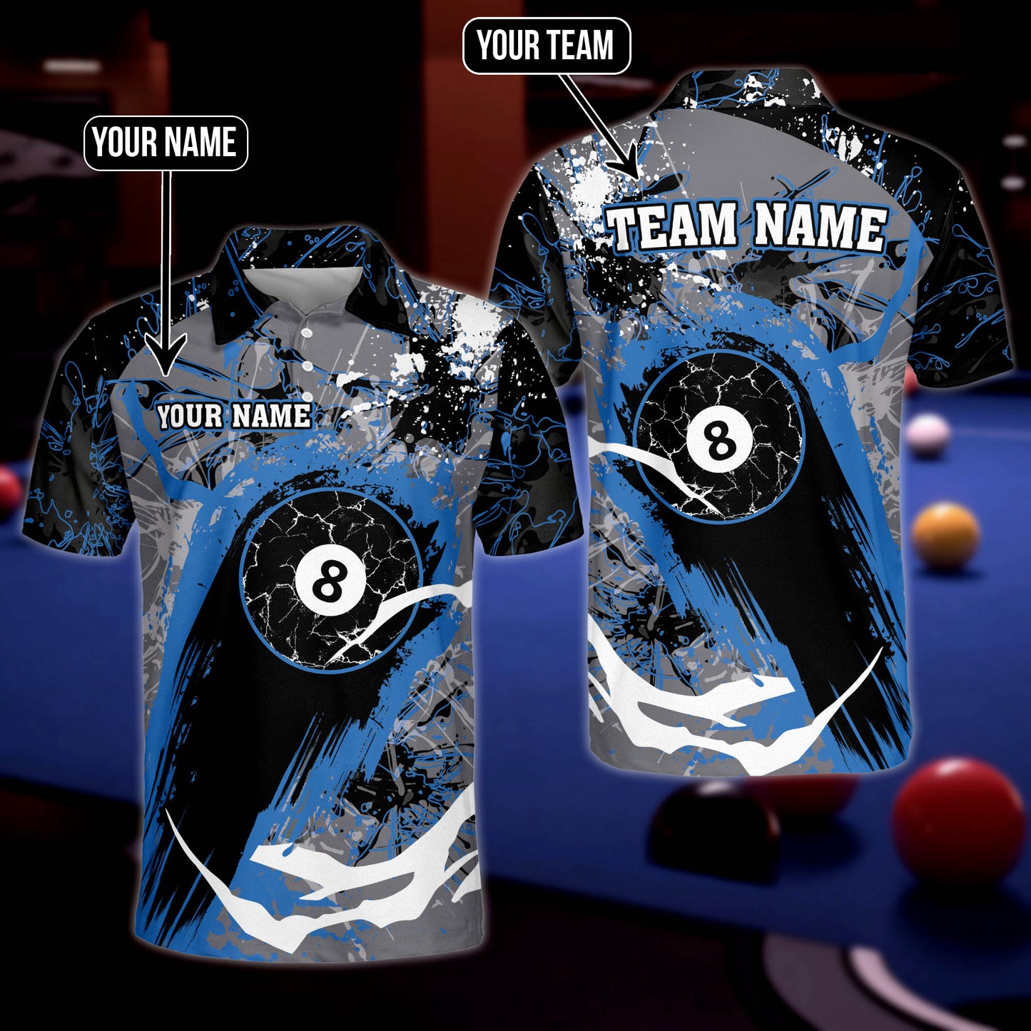 Tendpins Billiard 8 Ball Stains Personalized Name 3D Shirt (Multi Color Options) BIA0430