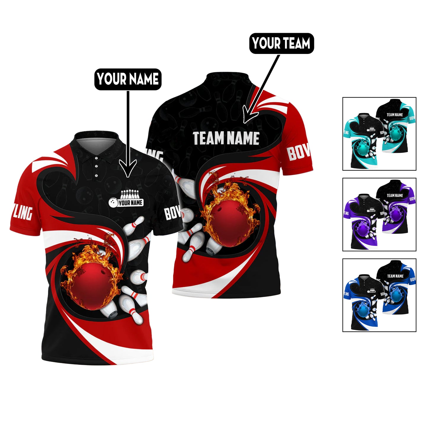 Custom Flame Bowling Polo Shirts For Team BO0022