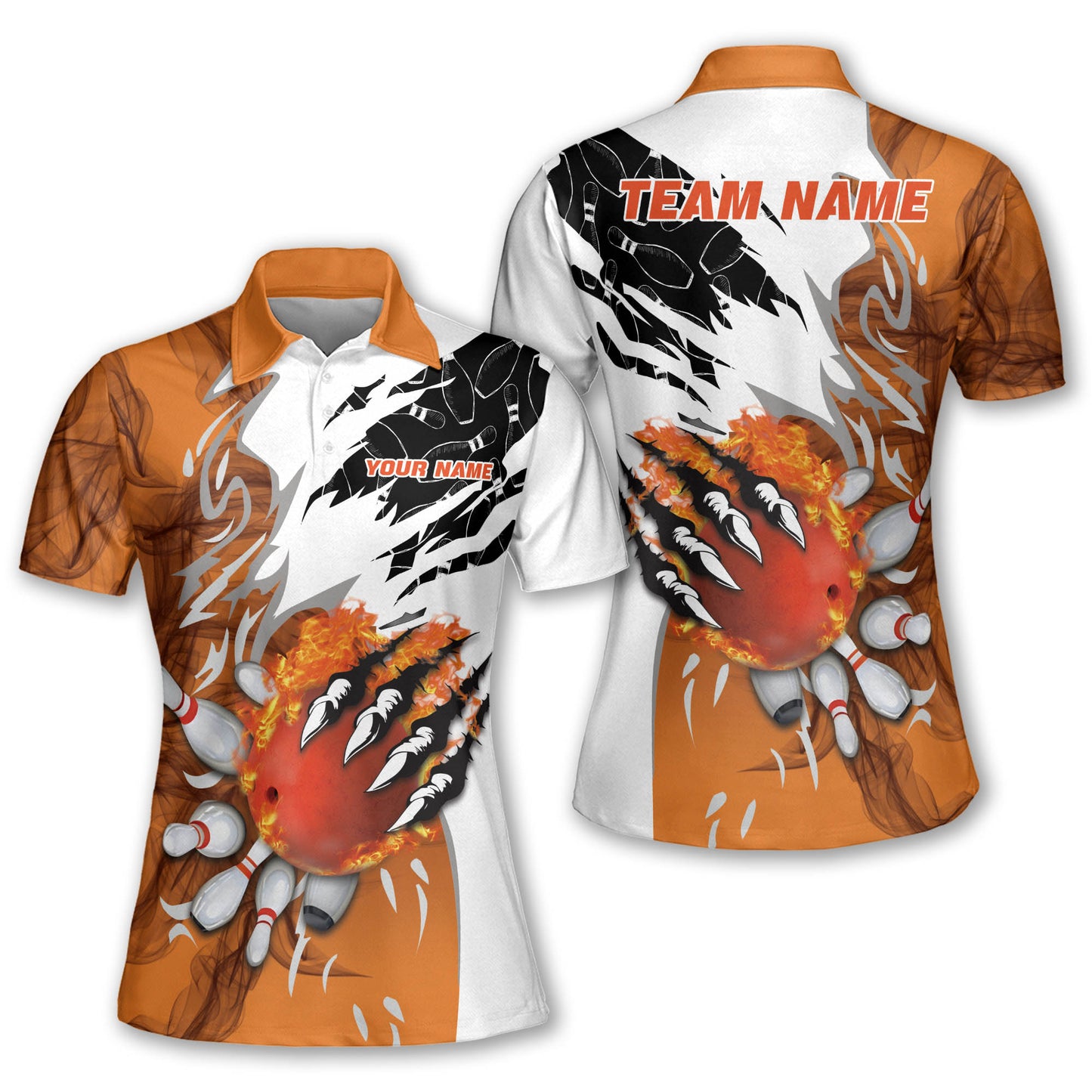 Custom Flame Ball Bowling Polo Shirt For Women, Custom Orange Bowling Team Shirts Ladies BW0136