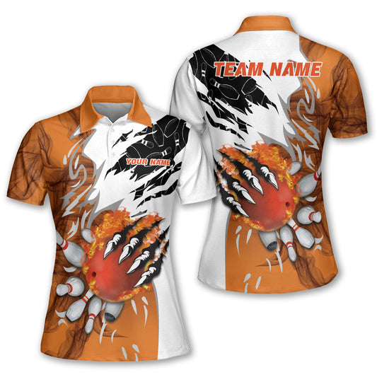 Custom Flame Ball Bowling Polo Shirt For Women, Custom Orange Bowling Team Shirts Ladies BW0136