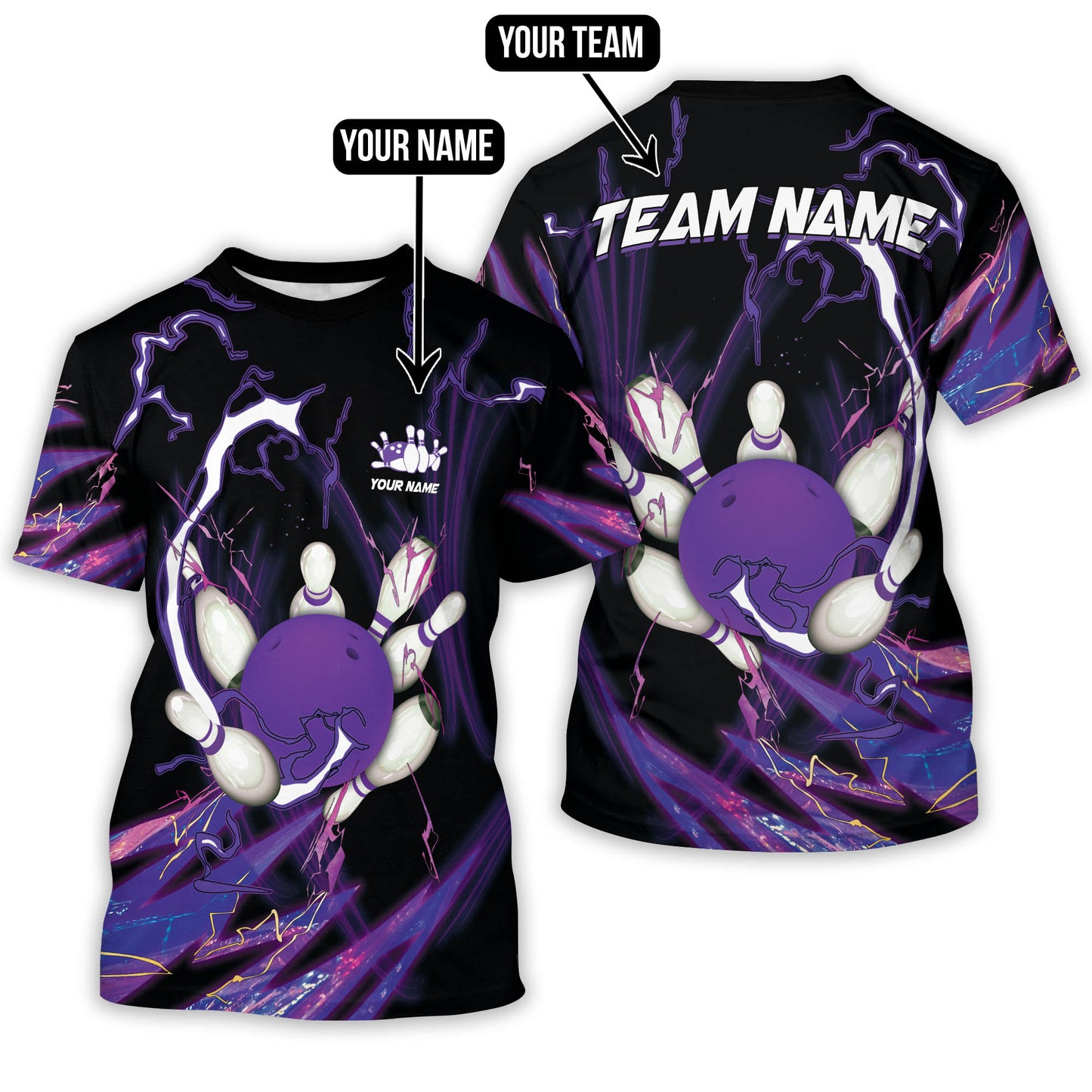 Custom Team Black And Purple Bowling T Shirt For Men Women, Custom Bowling Shirt BT0015