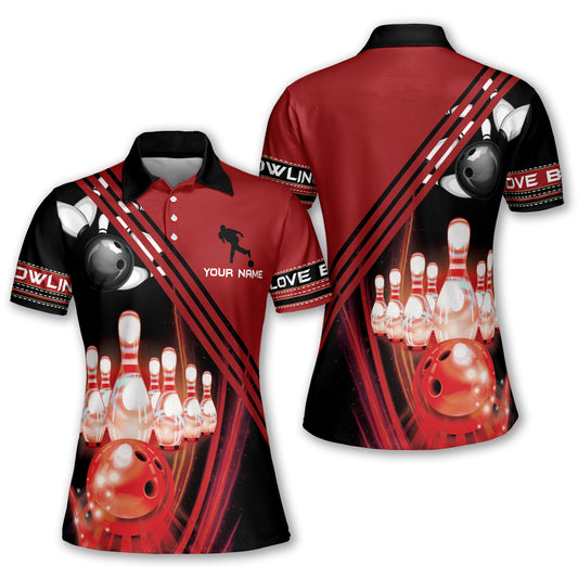 Custom Women's Bowling Shirt, Custom Black And Red Bowling Polo Shirt For Women BW0133