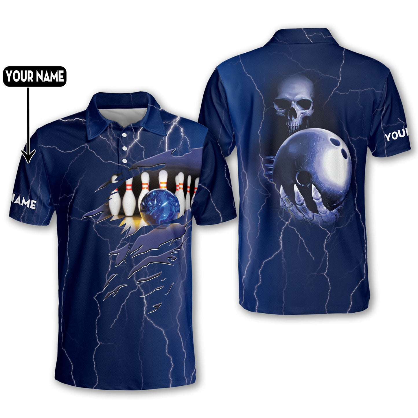 Custom Skull Bowling Polo Shirt For Men, Custom Skull Blue Bowling Shirt BM0295