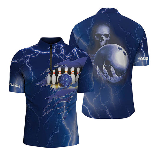 Custom Skull Bowling Jersey Shirt For Men, Custom Blue Skull Bowling Shirt BO0145