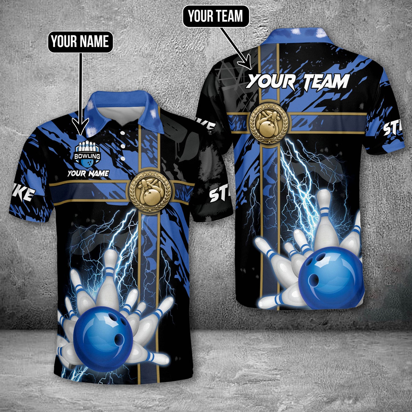 Custom Black And Blue Team Bowling Polo Shirt For Men, Custom Team Thunder Bowling Shirt BM0293