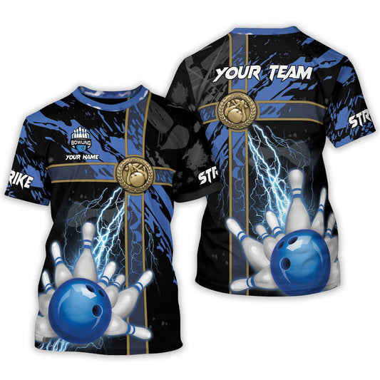 Custom Black And Blue Team Bowling T Shirt For Men, Custom Bowling Team Shirts BT0014