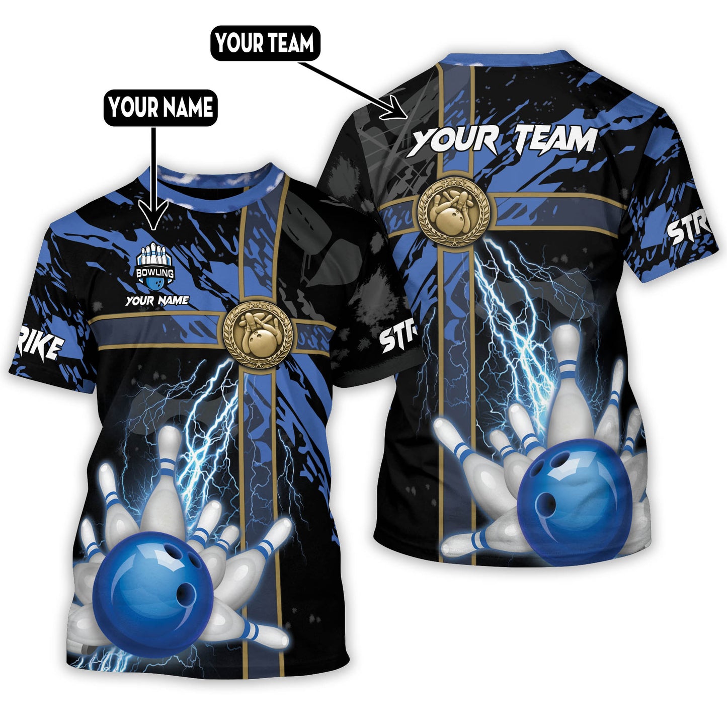 Custom Black And Blue Team Bowling T Shirt For Men Women, Custom Team Bowling Shirt BT0014