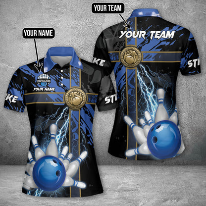 Custom Black And Blue Team Bowling Polo Shirt For Women, Custom Thunder Bowling Shirt BW0132