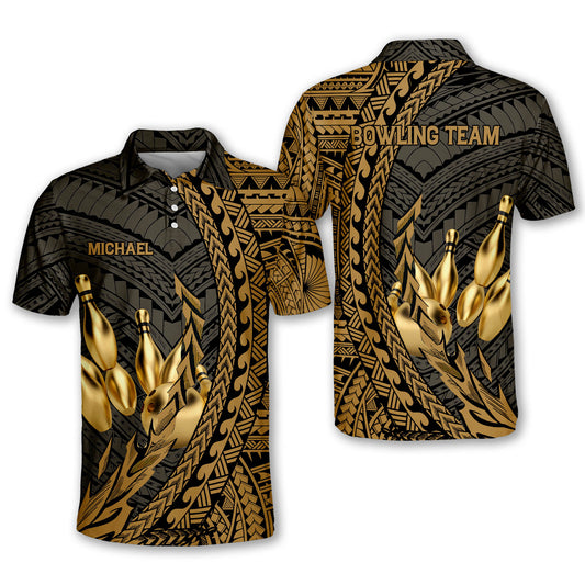 Custom Tribal Black And Gold Bowling Polo Shirt Team For Men, Custom Tribal Bowling Team Shirt BO0196