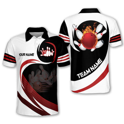 Custom Team White Bowling Polo Shirt For Men, Custom Team Flame Ball Bowling Shirt BM0296