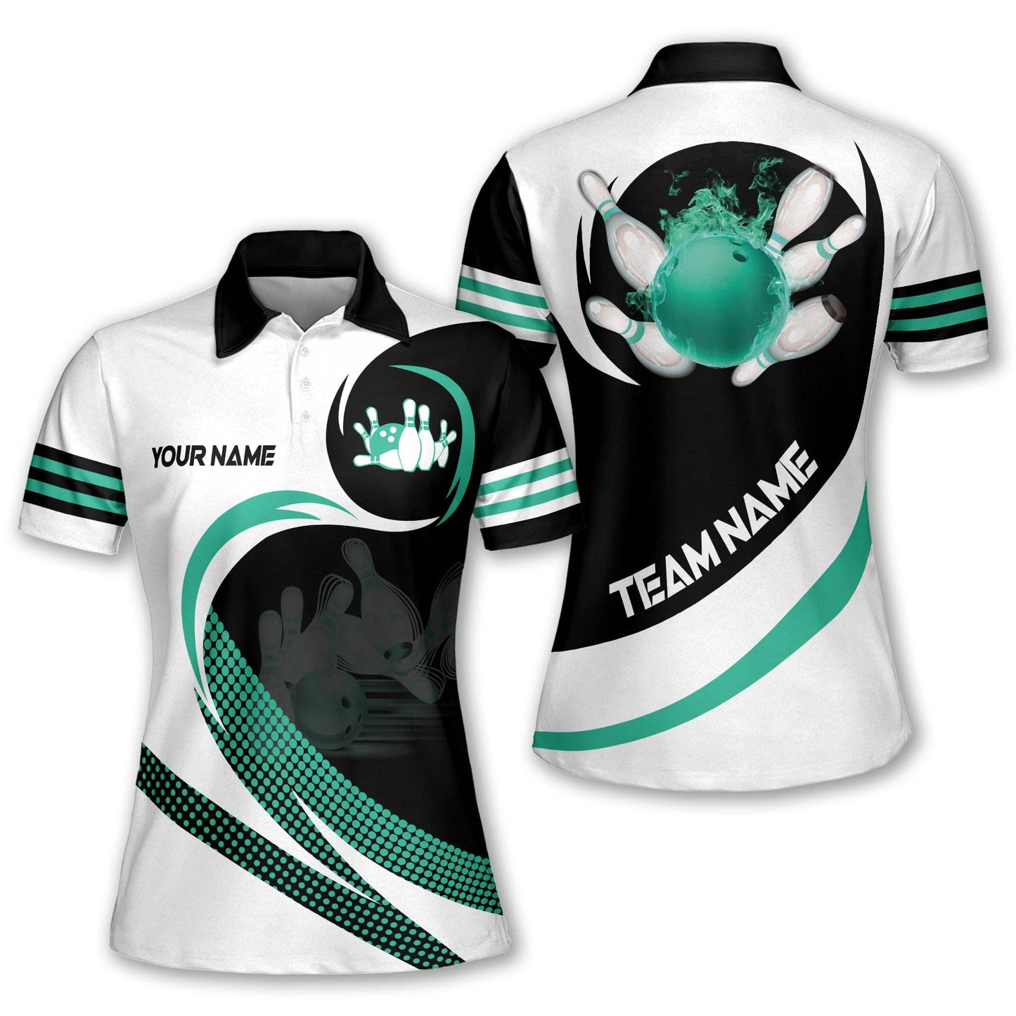 Custom Team White Bowling Polo Shirt For Women, Custom Team Flame Ball Bowling Shirt BW0138