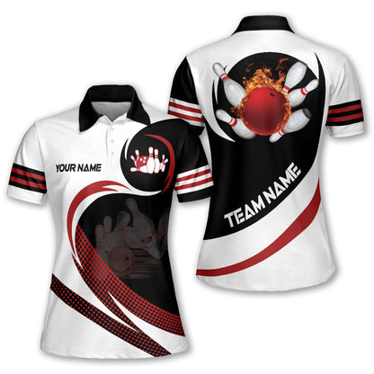 Custom Team White Bowling Polo Shirt For Women, Custom Team Flame Ball Bowling Shirt BW0138