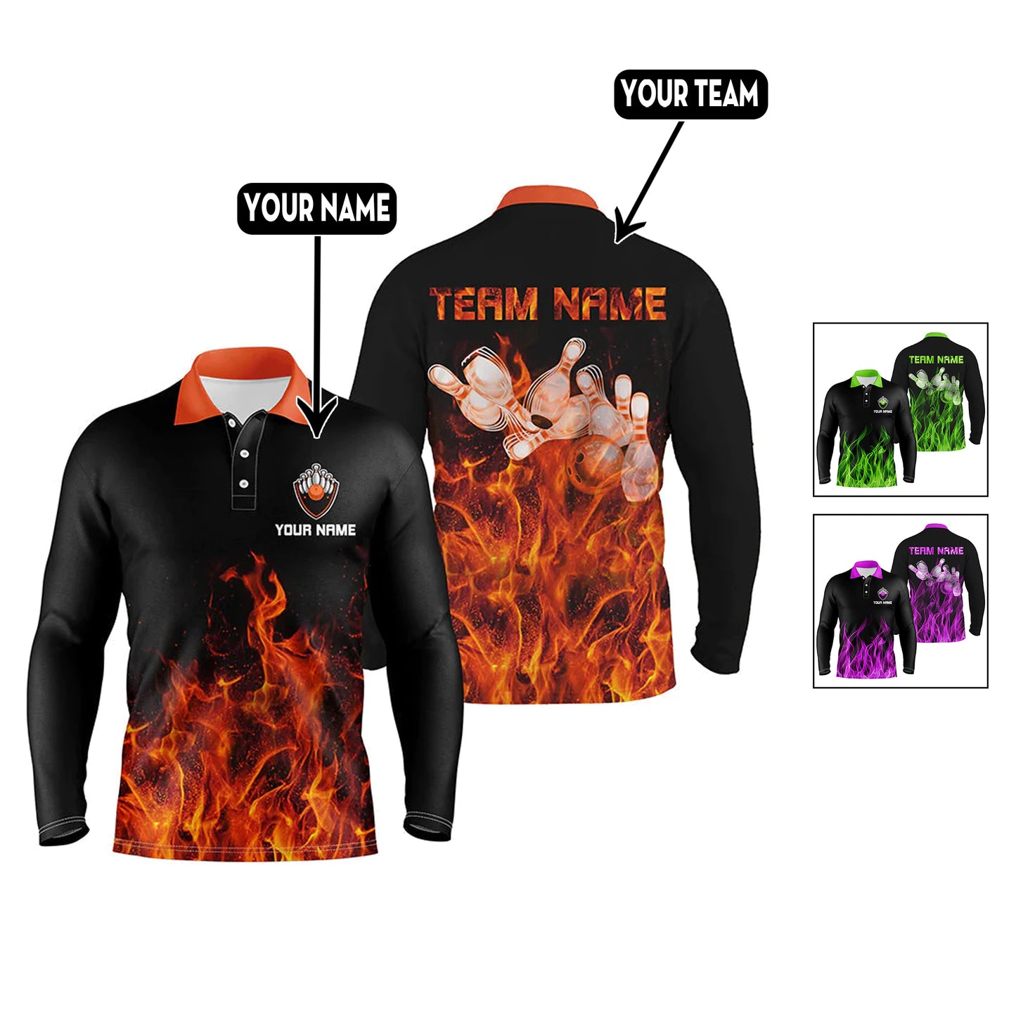 Custom Flame Bowling Polo Long Shirts BO0257