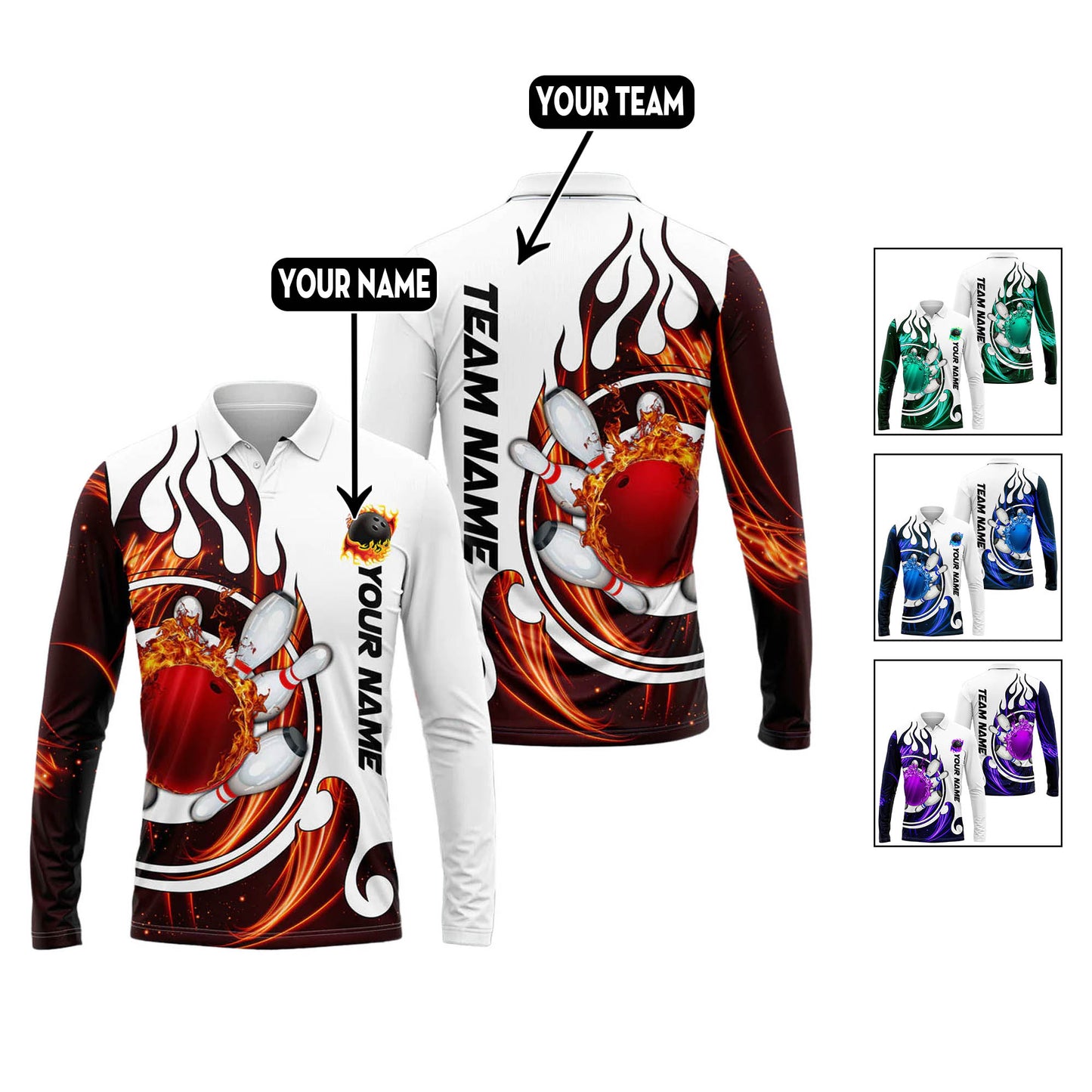 Custom Flame Bowling Polo Long Shirts BO0260