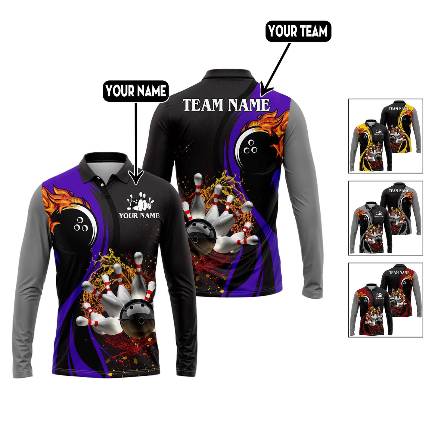 Custom Flame Bowling Polo Long Shirts BO0264