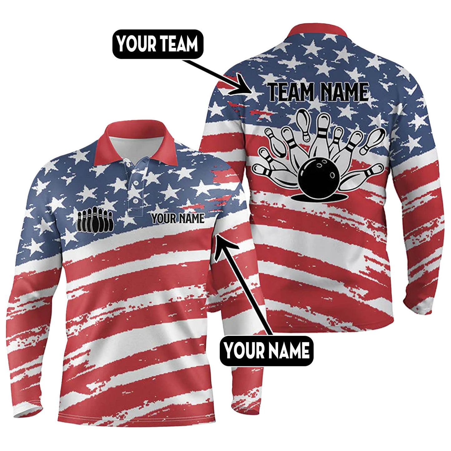 Custom American Flag Bowling Polo Long Shirts BO0291