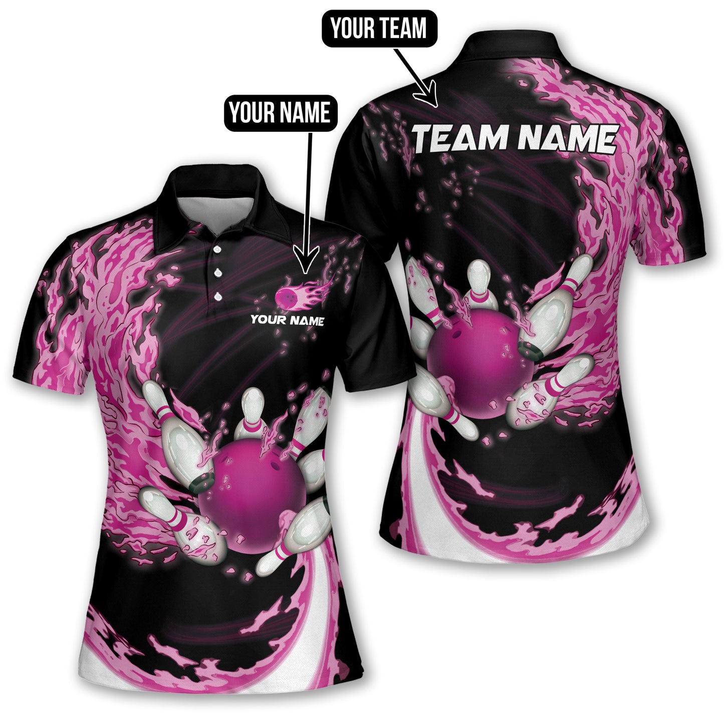 Custom Pink Flame Bowling Polo Shirt For Women, Custom Womens Bowling Team Shirts BW0139