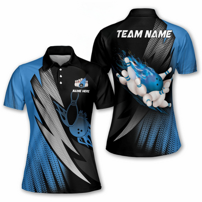 Custom Bowling Shirt Womens, Custom Blue Flame Bowling Polo Shirt For Women, Custom Ladies Bowling Team Shirts BW0126