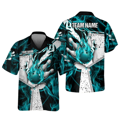 Custom Cyan Flame Bowling Hawaiian Shirt Team For Men, Custom Flame Bowling Team Shirt HO5661