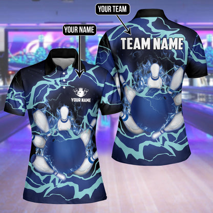 Custom Bowling Shirt For Women, Custom Blue Flame Womens Bowling Polo Shirt, Custom Team Flame Bowling Shirt Women BW0141