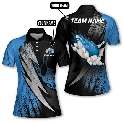 Custom Bowling Shirt Womens, Custom Blue Flame Bowling Polo Shirt For Women, Custom Ladies Bowling Team Shirts BW0126