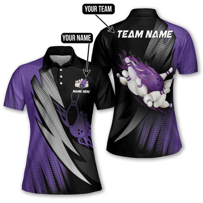 Custom Bowling Shirt Womens, Custom Blue Flame Bowling Polo Shirt For Women, Custom Ladies Bowling Team Shirts BW0126