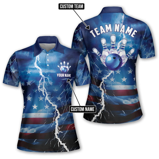 Custom American Flag Bowling Polo Shirt For Women, Custom Women's Patriotic Bowling Team Shirts BW0122