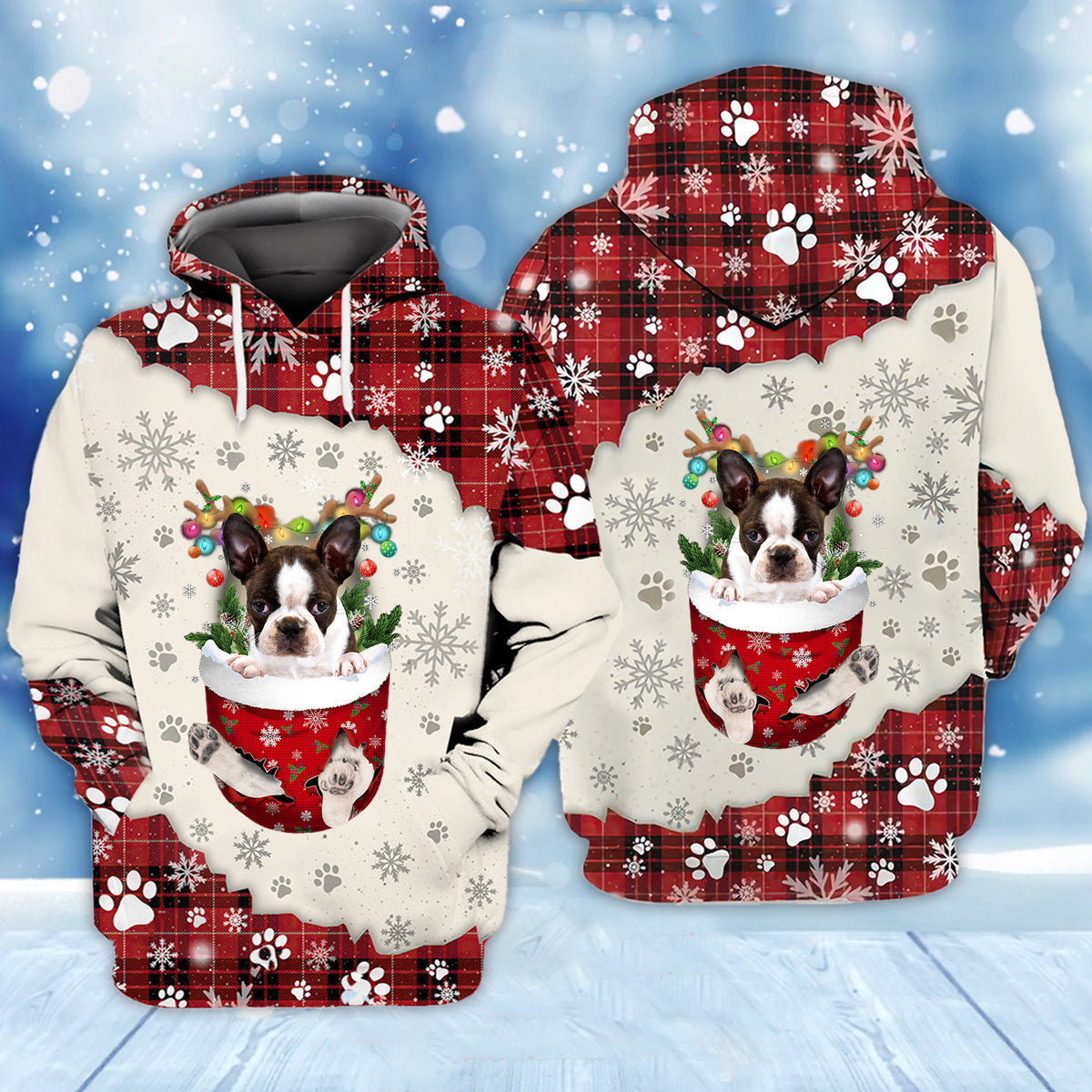 BRINDLE Boston Terrier In Snow Pocket Merry Christmas Unisex Hoodie SO0452