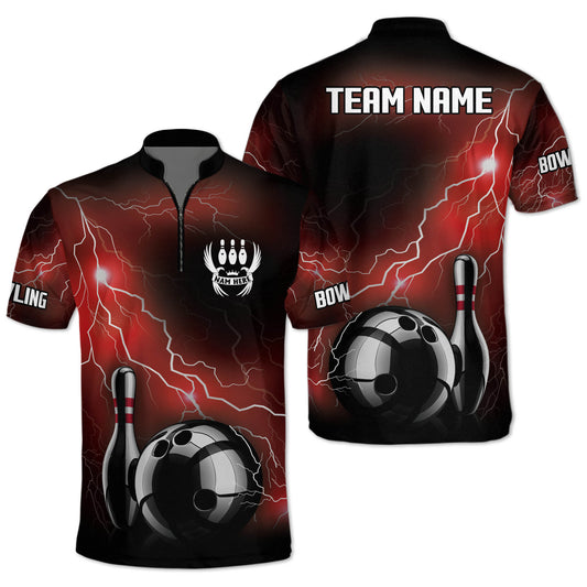 Custom Thunder Bowling Jersey Shirt For Men, Custom Team Black And Red Bowling Shirt BZ0002