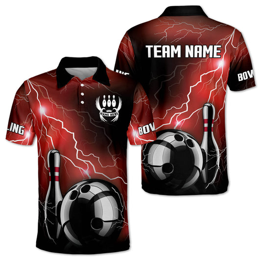 Custom Thunder Bowling Polo Shirt For Men, Custom Team Black And Red Bowling Shirt BM0299