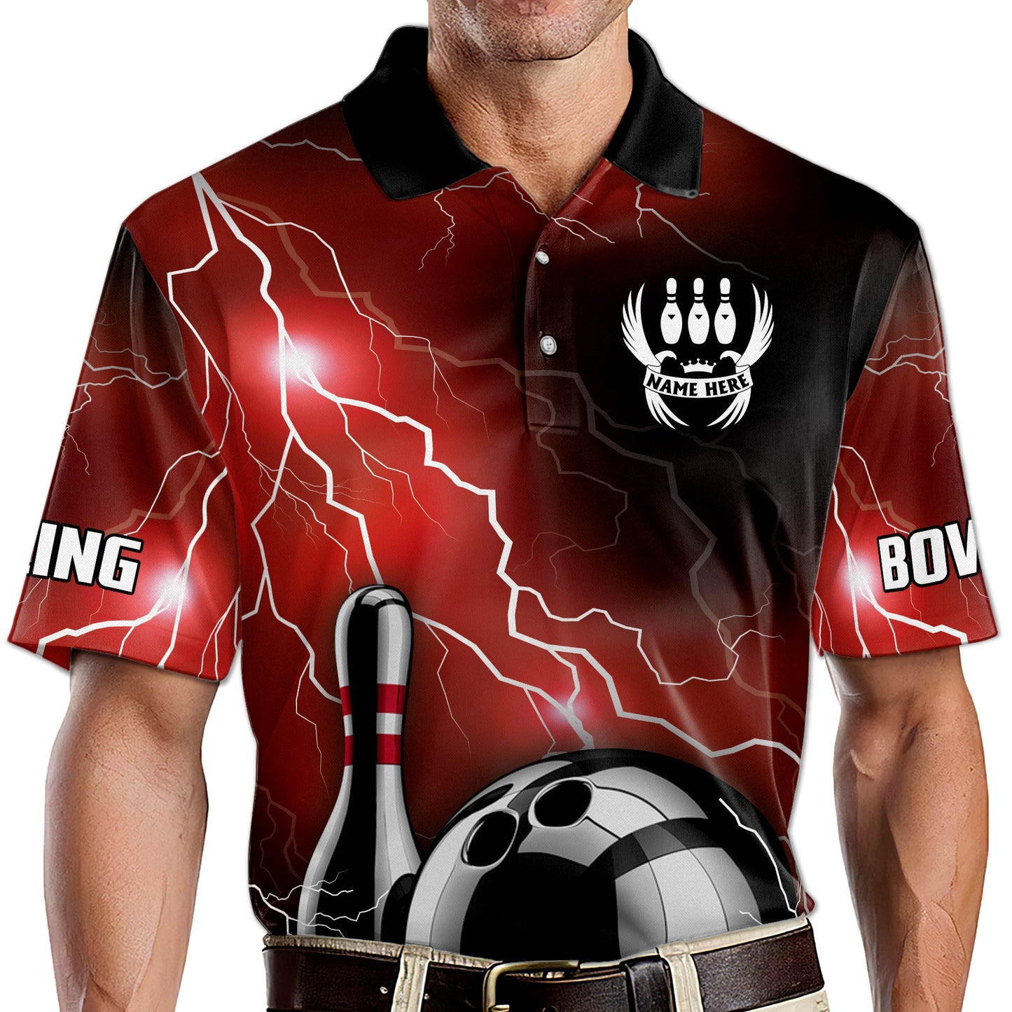 Custom Thunder Bowling Polo Shirt For Men, Custom Team Black And Red Bowling Shirt BM0299