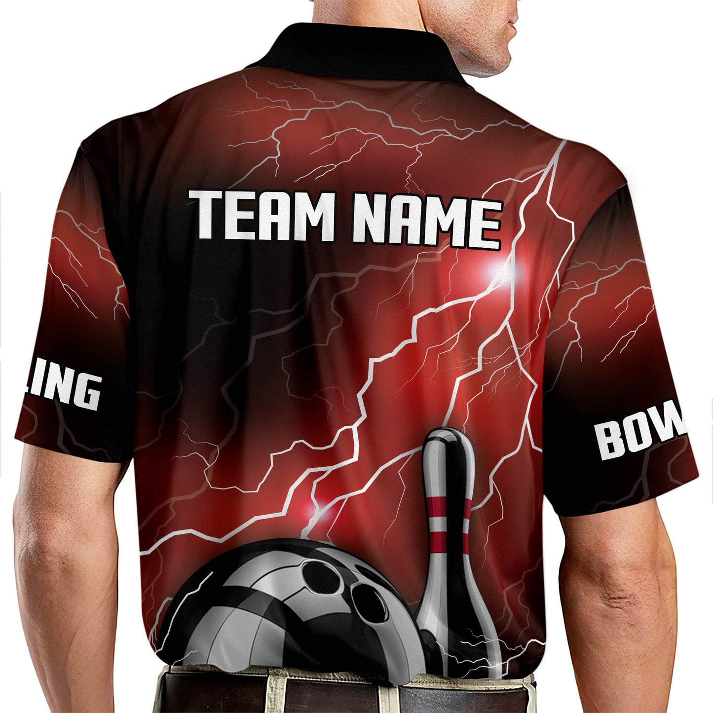 Custom Thunder Bowling Polo Shirt For Men, Custom Team Black And Red Bowling Shirt BM0299