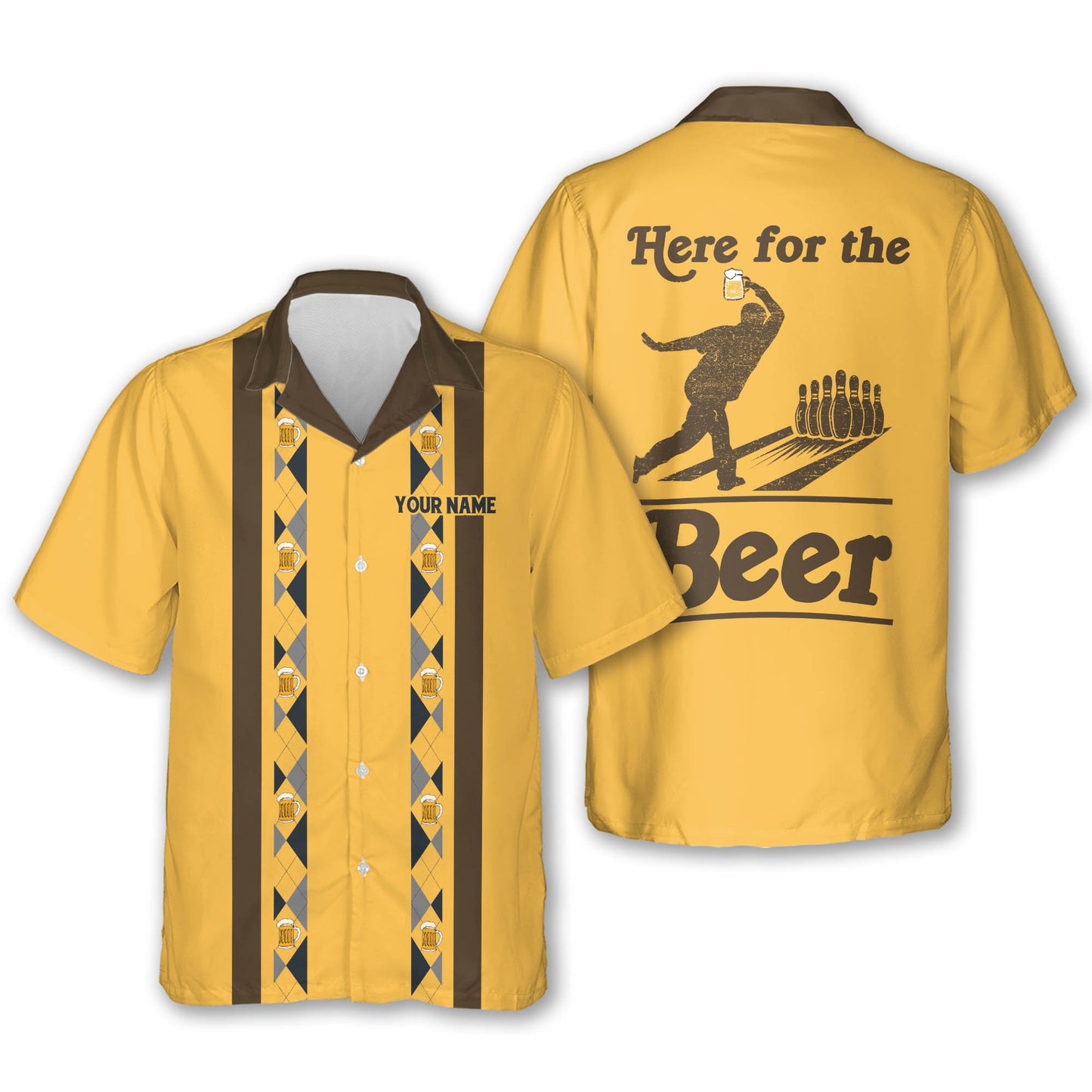 Custom Here For The Beer Bowling Hawaiian Shirt For Men, Custom Yellow Vintage Beer Bowling Shirt BZ0010