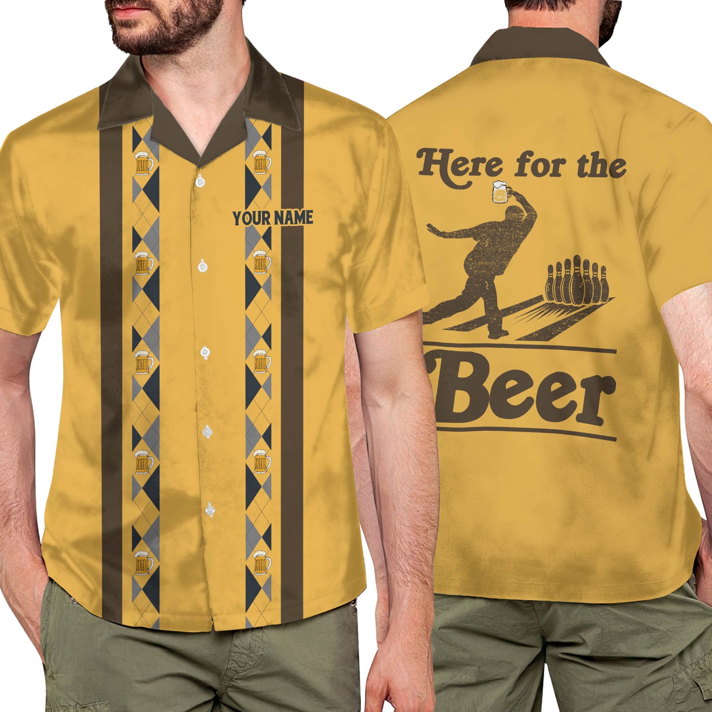 Custom Here For The Beer Bowling Hawaiian Shirt For Men, Custom Yellow Vintage Beer Bowling Shirt BZ0010